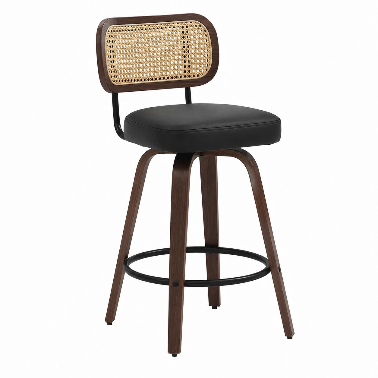 Sessel – 2er-Set, 65 cm, moderner Stil, drehbar, mit LED-Beleuchtung, mit Rückenlehne, aus Rattan und Leder, Schwarz, für Esszimmer